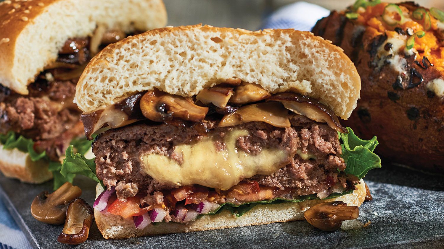 Read more about Comté-Stuffed Hamburgers with Grilled Mushrooms & Sweet Potatoes