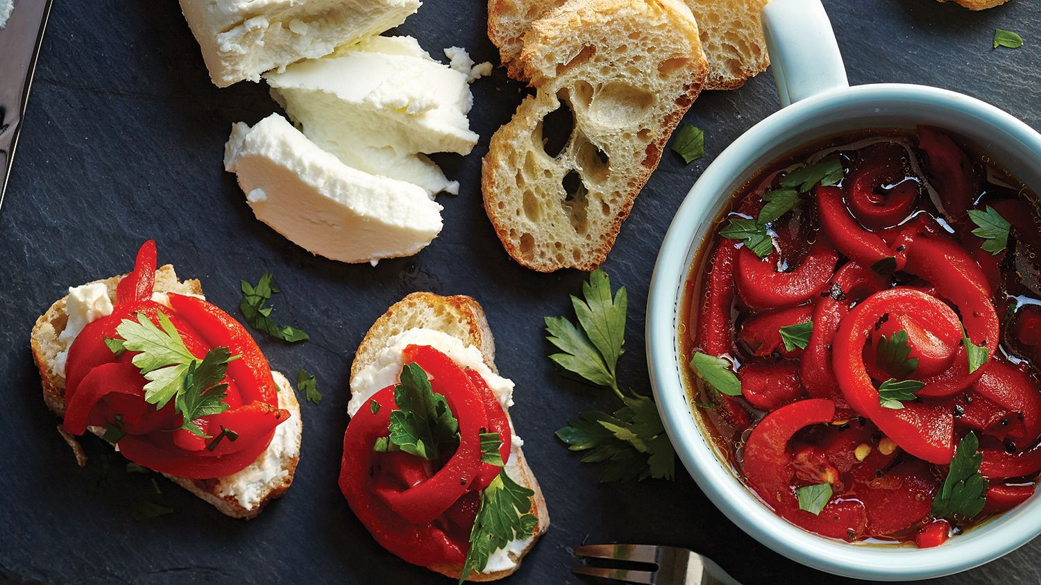 Marinated Roasted Red Peppers & Goat Cheese on Baguette
