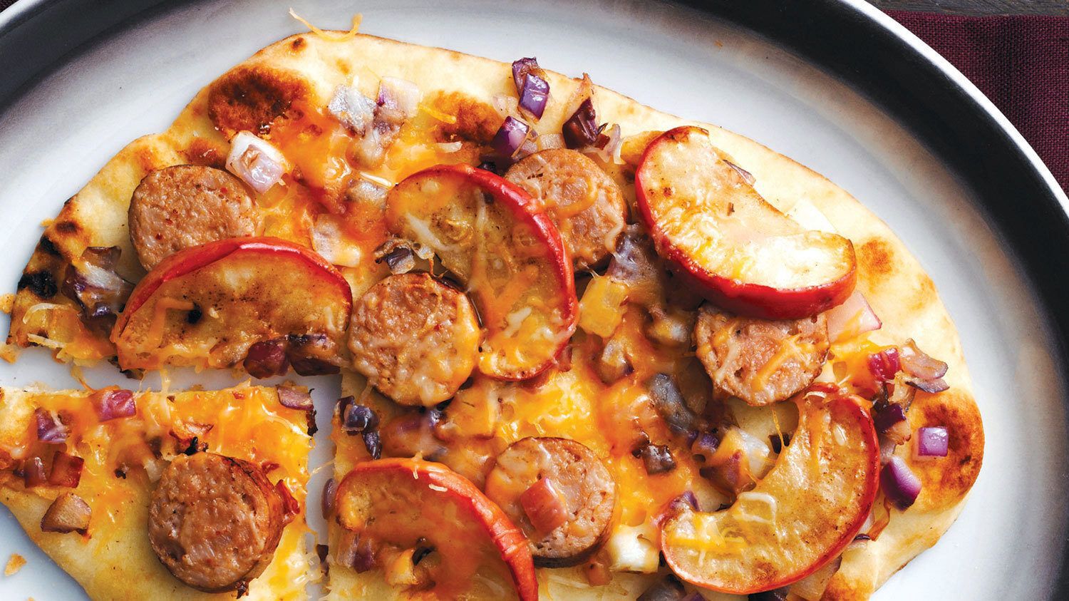 Sausage, Onion & Apple-topped Naan