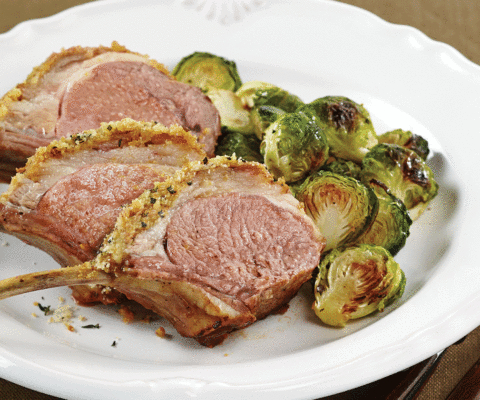Herb crusted rack of lamb and brussels sprouts