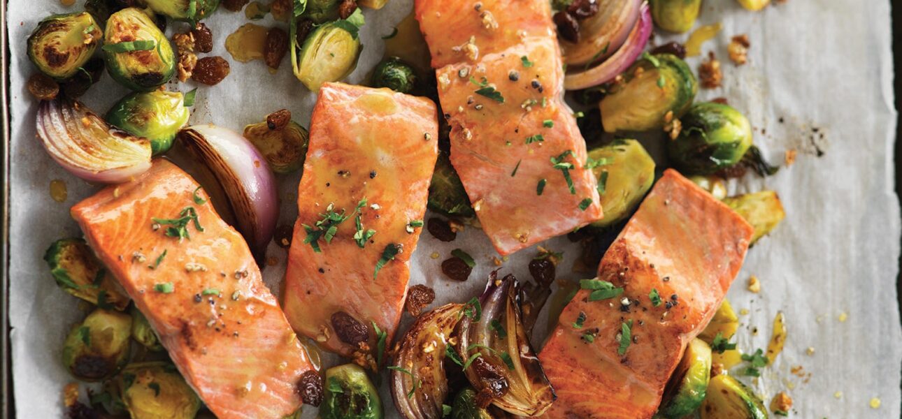 Roasted maple salmon and brussels sprouts