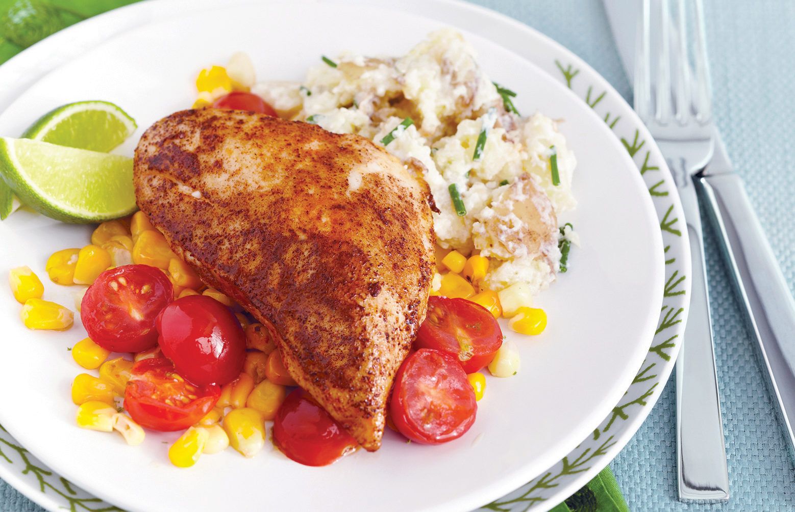 Tex-Mex Chicken with Warm Tomato Corn Salad & Smashed Chive Potatoes