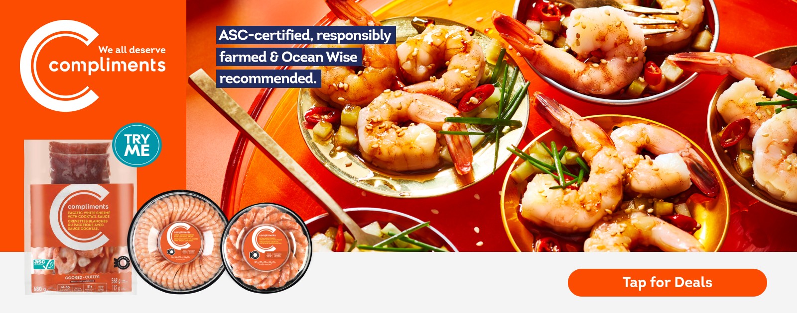 The image has seafood on a copper platter with the following text written on it, "ASC-certified, responsibly farmed & Ocean Wise recommended."