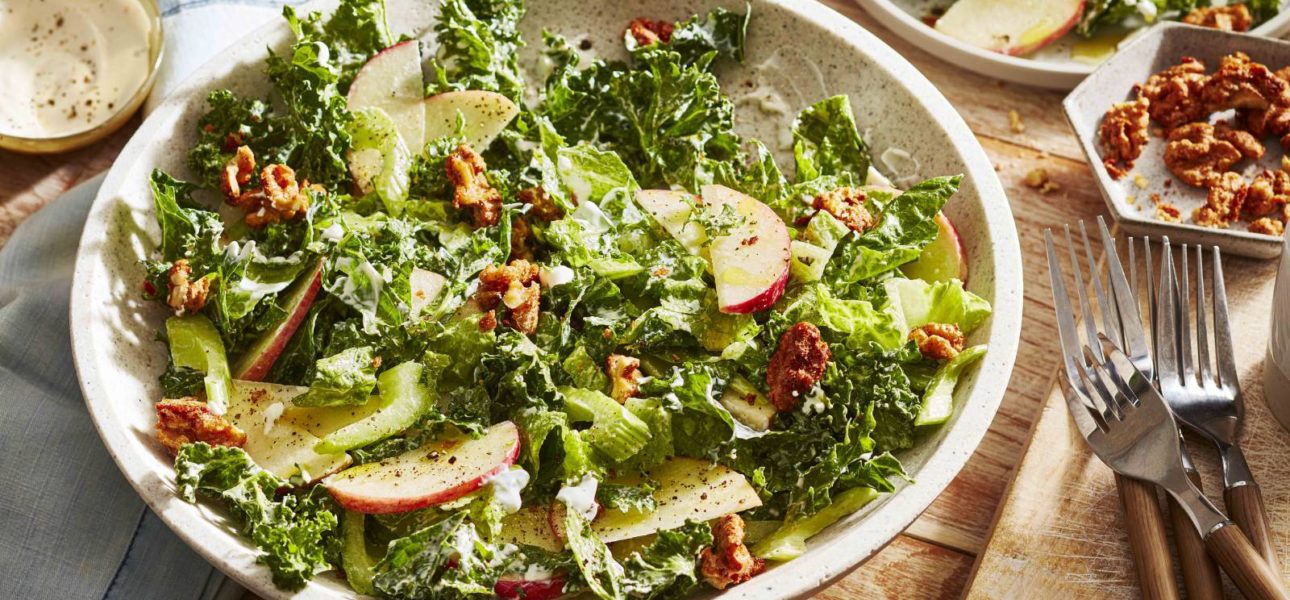 Creamy Kale, Romaine & Apple Salad with Spiced Nuts