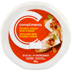 A pack shot of a 350 gram wheel of Compliments Double Cream Brie in with an orange label.