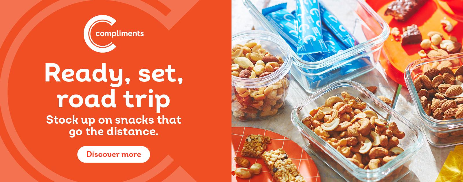 Text Reading 'Ready, set, road trip. Stock up on snacks that go the distance.'
