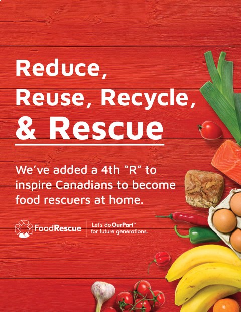 reduce-reuse-recycle-rescue Text Reading 'Reduce, Reuse, Recycle and Rescue. We have added a 4th 'R' to inspire Canadians to become food rescuers at home. Let's do Our Part for future generations.'