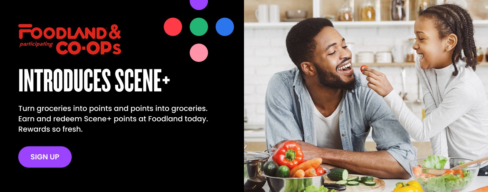 Text Reading 'Foodland & participating Co-ops introduces Scene+ Turn purchases into points and points into purchases. Earn and redeem Scene+ points at Foodland today. Rewards so fresh. Press 'Sign Up' button to avail benefits on ELM'.