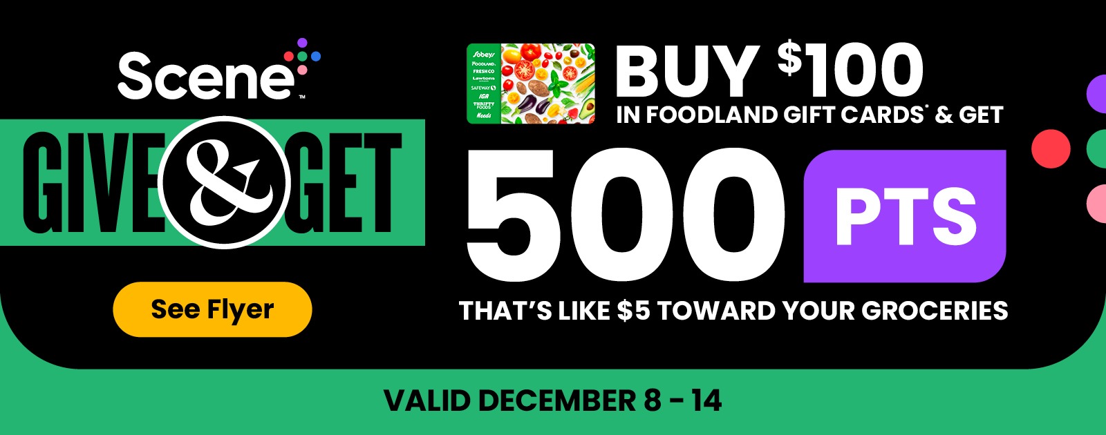 Text Reading 'Scene Plus Give & Get. Buy $100 in Foodland Gift Cards & get 500 points. That's like $5 toward your groceries. Valid from December 8 to December 14. 'See flyer' by clicking the button on left below.'