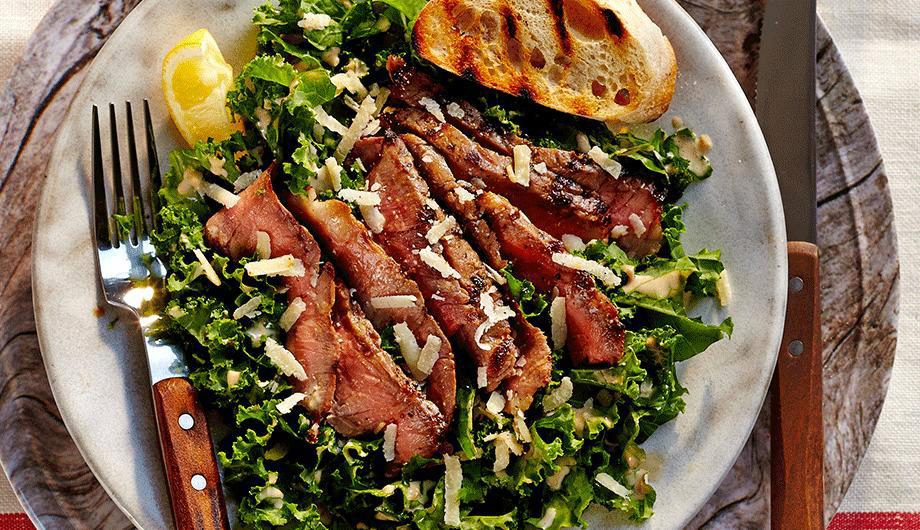 Grilled steak kale ceaser salad