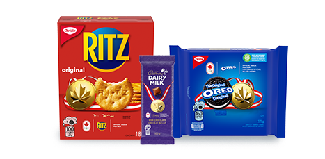 This image contains three Mondelez products in boxes: Ritz biscuits, dairy milk, and Oreo biscuits pack.