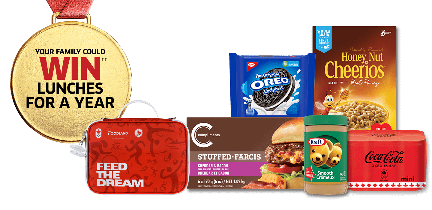 The following image contains the text: "Your family could win lunches for a year with these products from Foodland: Oreo Biscuits, Honey Nut Cheerios, Stuffed Farcis, Kraft Smooth Cream, mini Coca-Cola cans, and Feed the Dream bag."