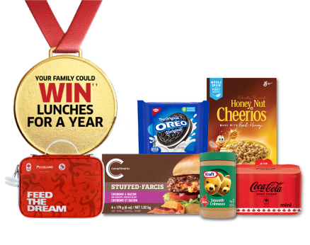 The following image contains the text: "Your family could win lunches for a year with these products from Foodland: Oreo Biscuits, Honey Nut Cheerios, Stuffed Farcis, Kraft Smooth Cream, mini Coca-Cola cans, and Feed the Dream bag."